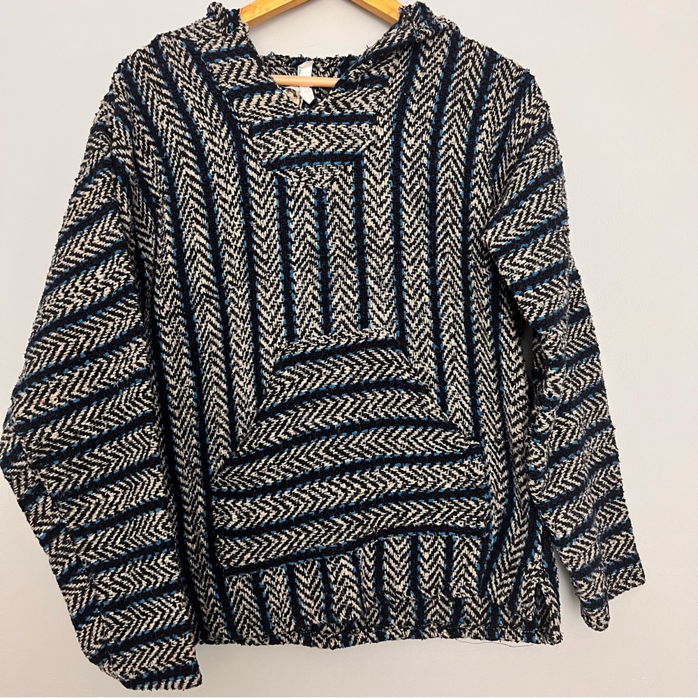 Striped Woven Baja Hoodie in Black, Cream & Navy